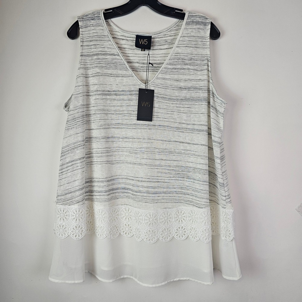 Anthropologie W5 NWT 1X Knit Sleeveless Top White Gray Crochet Lace Chiffon Hem